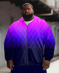 Men's Plus Size Street Fashion Gradient Diamond Print Sport Zip Hoodie Suit