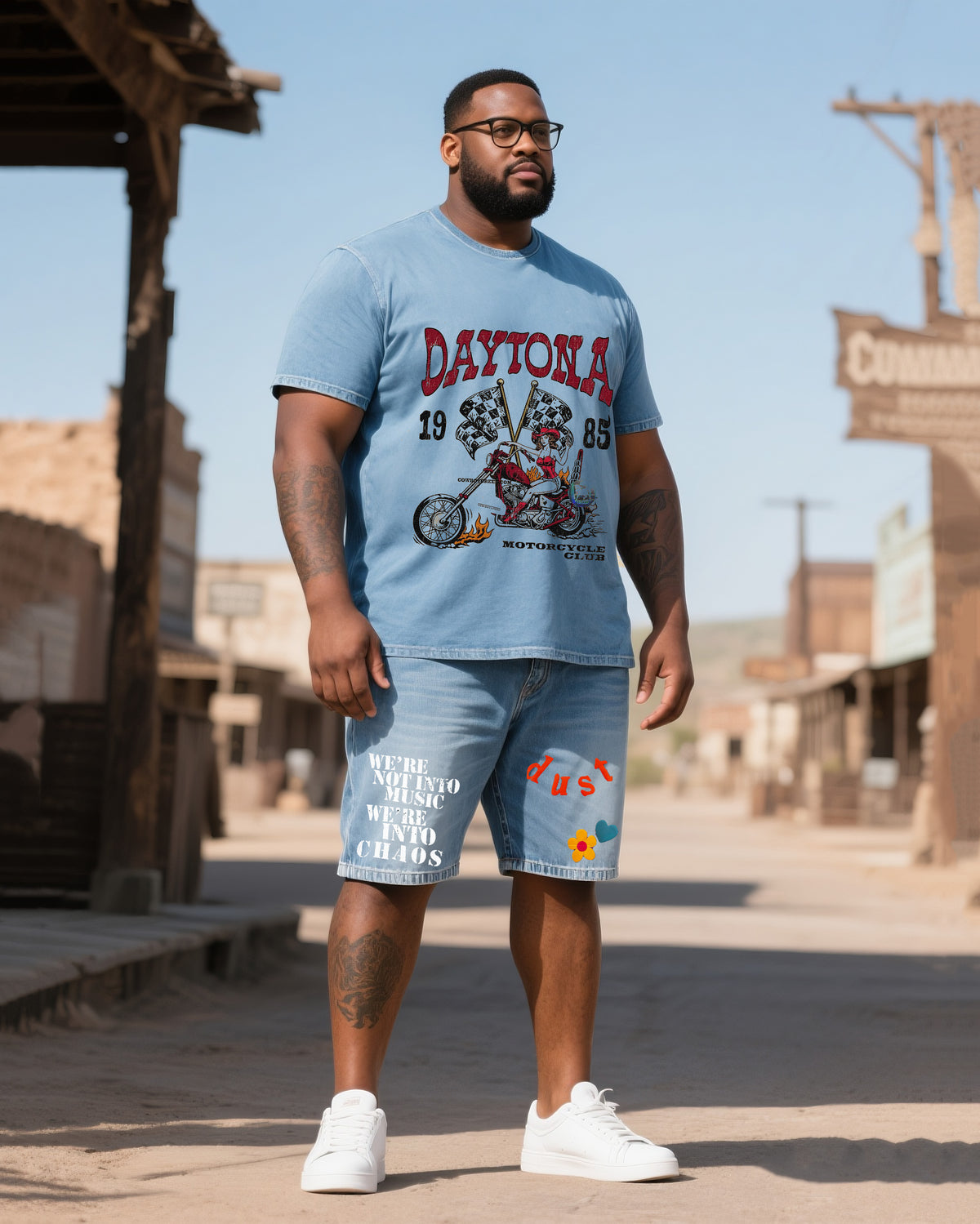 Big & Tall Men's Western-style Printed Short-sleeved Collage Shorts Denim Suit