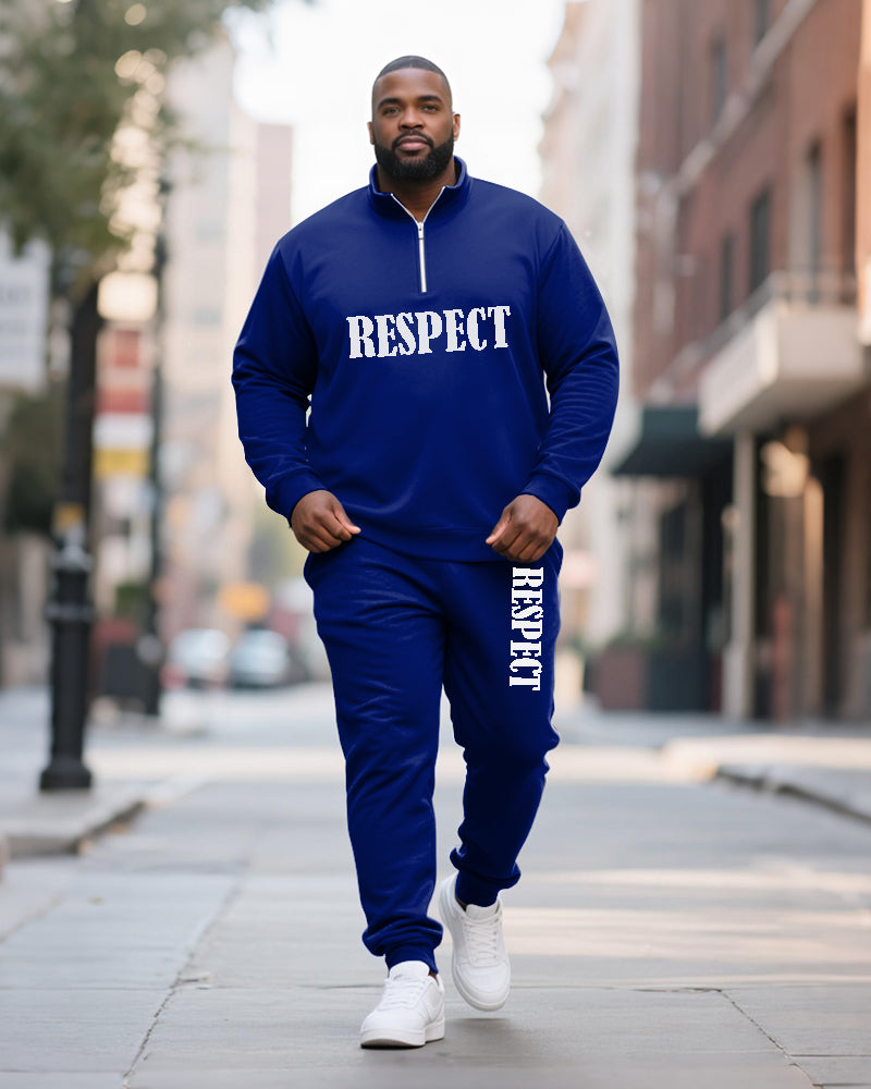 Big & Tall Men's RESPECT Solid Color Printed POLO Collar Zipper Long Sleeve Pants Two-Piece Set
