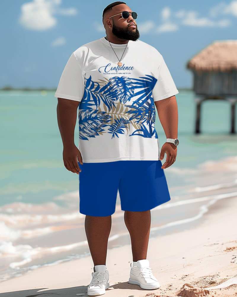 Hawaiian Tropical Leaf Print Big Men's Short Set