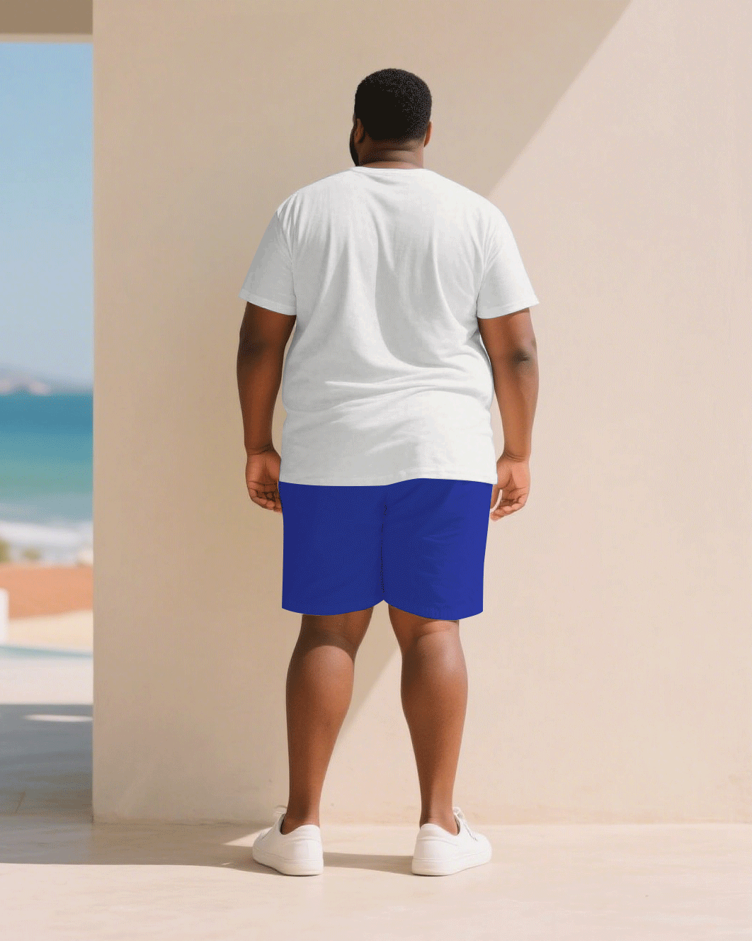 Men's Plus Size Casual White & Blue Contrast Thick Short-sleeved T-shirt Shorts Suit
