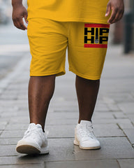 Men's Plus Size Yellow Hiphop Text Print Short Sleeve T-shirt Shorts Suit