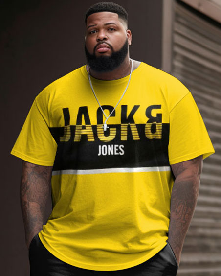 Men's Large Size Simple Letter Stitching Sports Style T-shirt & Shorts Set