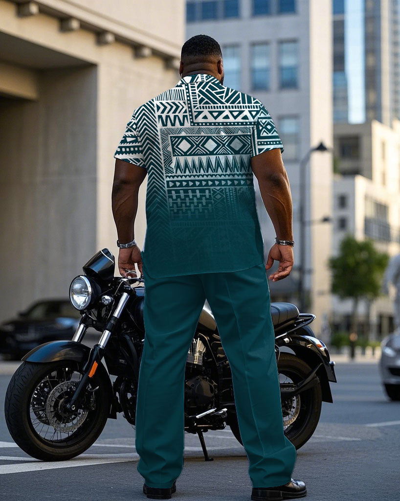 Men's Plus Size Green Gradient Ethnic Pattern Short Sleeve Shirt Trousers Suit