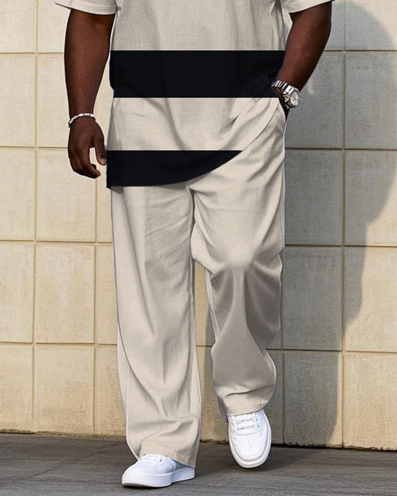 Big & Tall Men's Summer Apricot Thick Striped Short Sleeve T-Shirt Trousers Suit