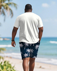 Men's Plus Size Blue Coconut Print Round Neck Short Sleeve T-Shirt Shorts Suit