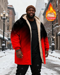 Big & Tall Men's Black And Red Gradient Printed Velvet Padded Long Hooded Coat