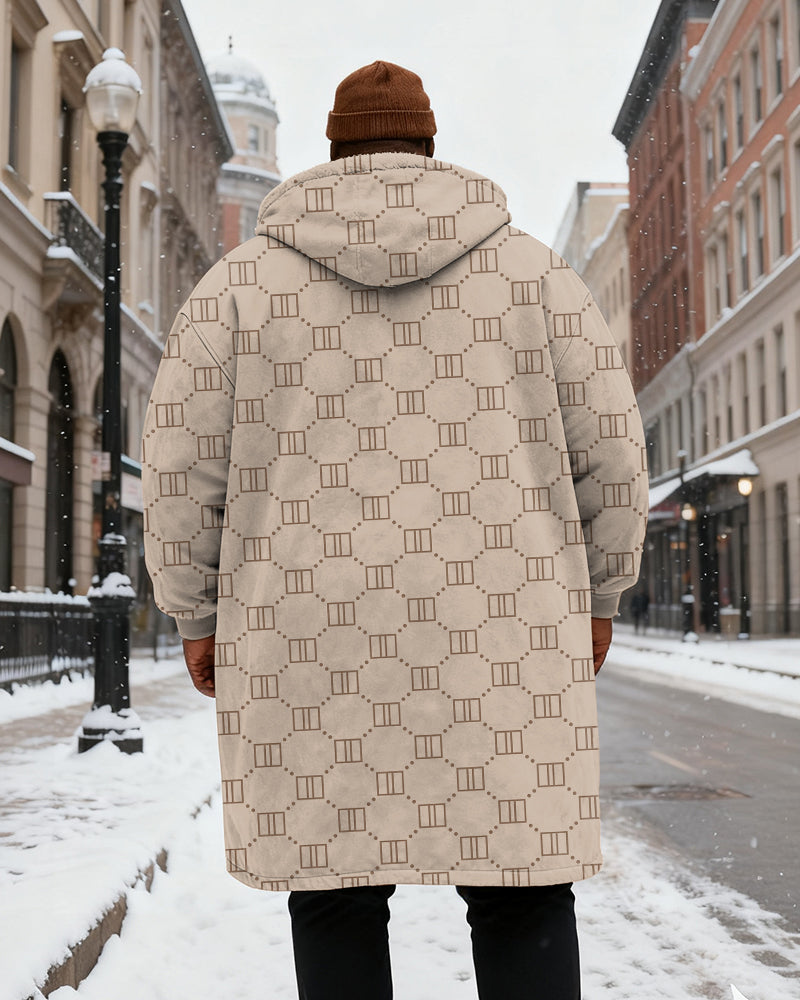 Big & Tall Men's Vintage Khachi Geometric Print Velvet Thickened Long Hooded Coat