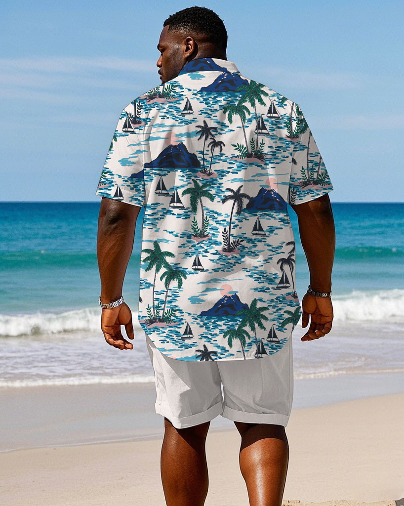 Men's Plus Size Hawaiian Coconut Tree Sailing Print White Shirt Shorts Suit