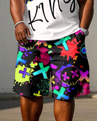 Men's Plus Size Street Graffiti King Print Short Sleeve T-Shirt Shorts Suit