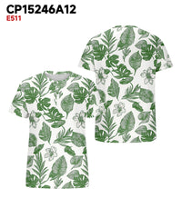 Men's Plus Size Hawaiian Green Leaf Floral Print Henley Collar Button Short Sleeve Tee