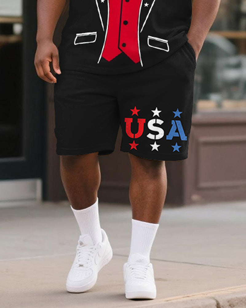 Men's Plus Size Independence Day Cosplay Suit Bow Tie USA Letter Print Round Neck Short Sleeve T-Shirt Shorts Suit