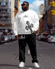 Men's Plus Size Casual Simple Cross Printed Sweatshirt Two-Piece Set
