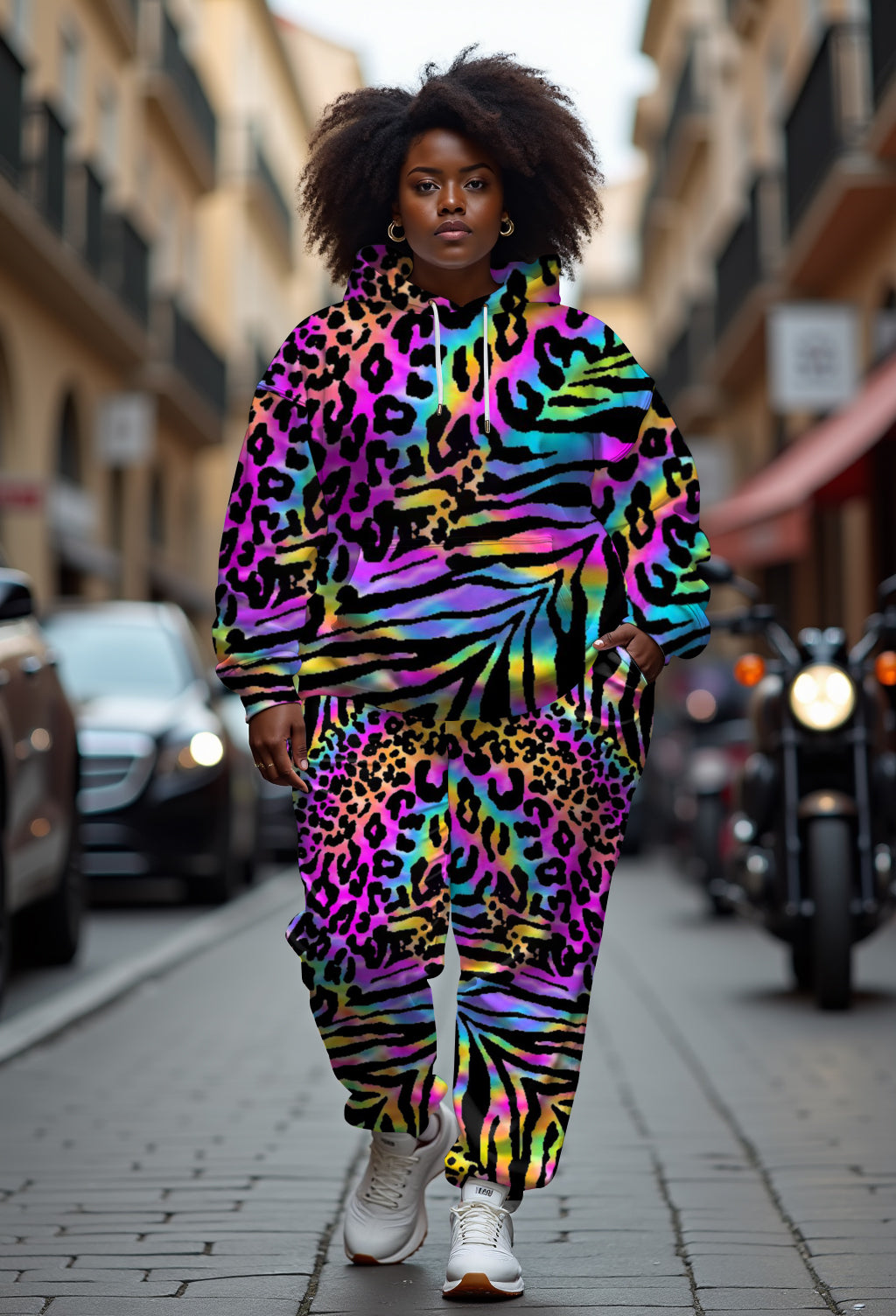 Women's Big & Tall Street Graffiti Colorful Leopard Print Hoodie Set