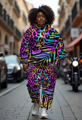 Women's Big & Tall Street Graffiti Colorful Leopard Print Hoodie Set