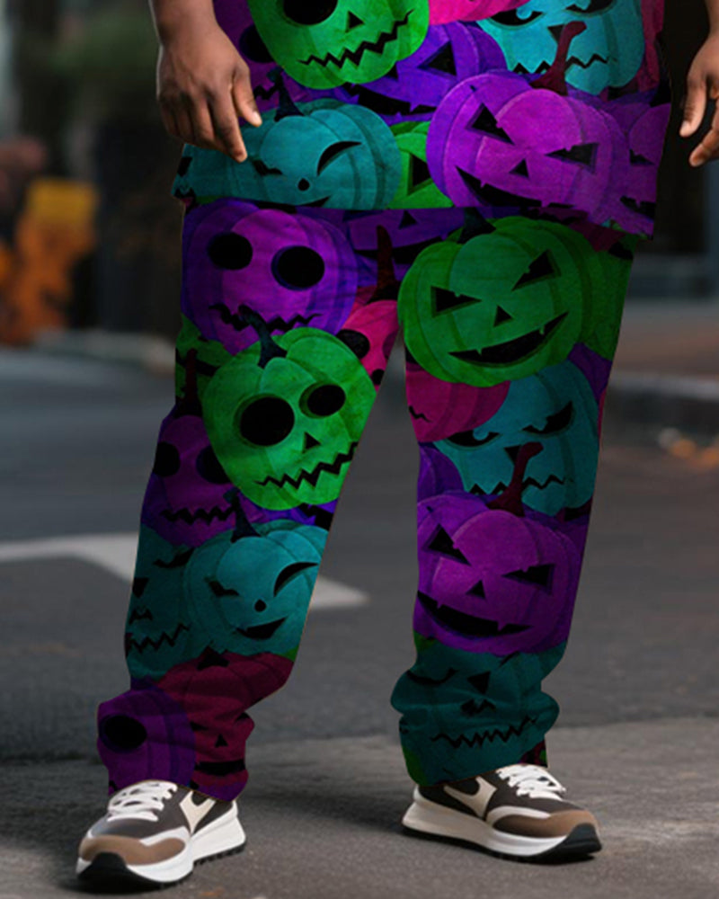 Big & Tall Men's Halloween Colorful Pumpkin Lantern Printed T-Shirt Pants Suit