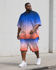 Men's Simple Sunset Gradient Effect Big and Tall 2-Piece Short Sleeve Shirt and Shorts Suit