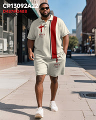 Big & Tall Men's Business Apricot Colorblock Striped Cross Print Short Sleeve Polo Shirt Shorts Suit