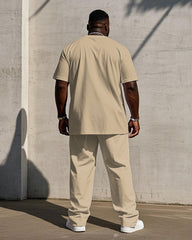 Men's Plus Size Khaki & White Slim Colorblock Small Label Printed Short Sleeve T-shirt Trousers Suit