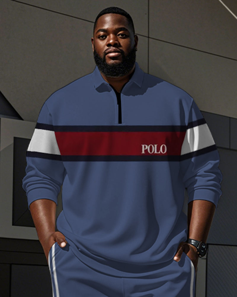 Men's Simple Blue And White Color-block Striped Alphabet Print Polo Shirt Zipper Pants Suit