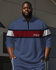 Men's Simple Blue And White Color-block Striped Alphabet Print Polo Shirt Zipper Pants Suit