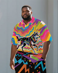 Big Men's Casual Husky Abstract Cartoon Printed Fashion Short-Sleeve Polo Shirt & Shorts Set