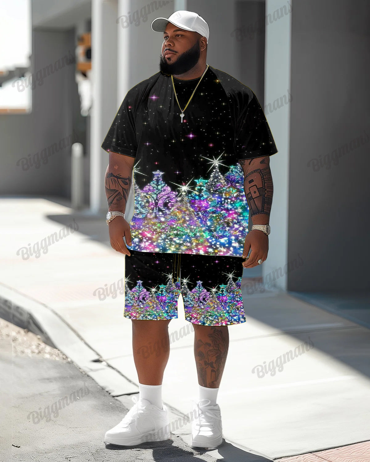 Men's Plus Size Colorful Christmas Tree Print T-Shirt Shorts Suit
