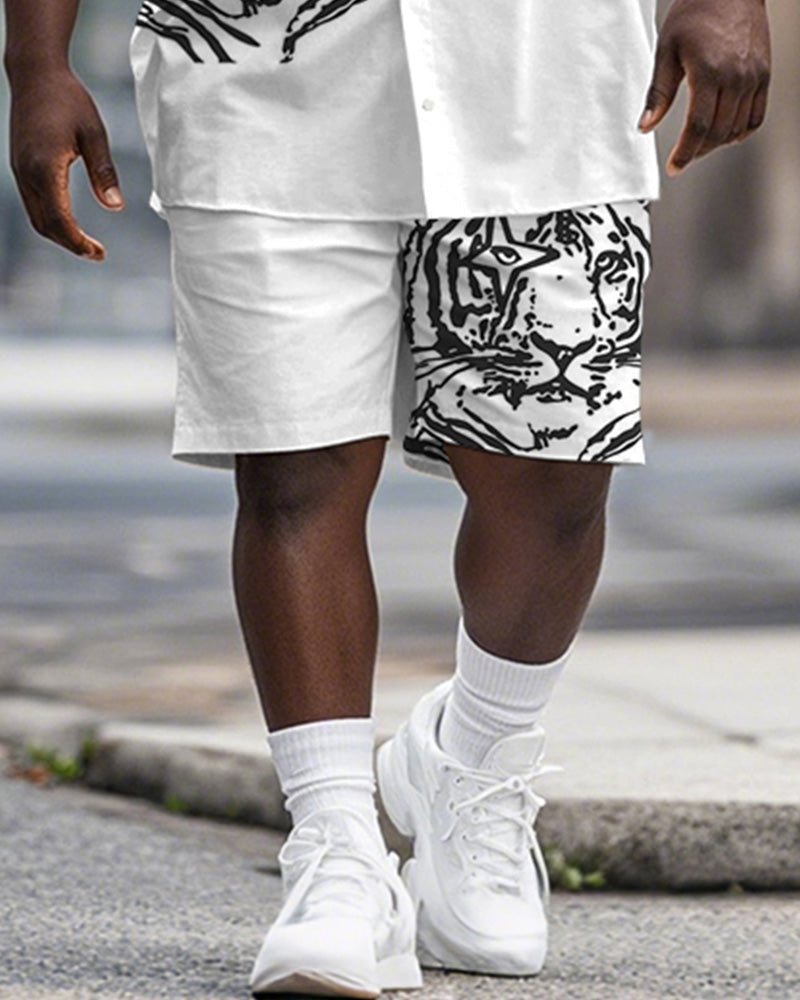 Men's Plus Size Street Fashion White Graffiti Tiger Print Shirt Shorts Suit