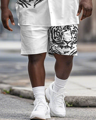Men's Plus Size Street Fashion White Graffiti Tiger Print Shirt Shorts Suit