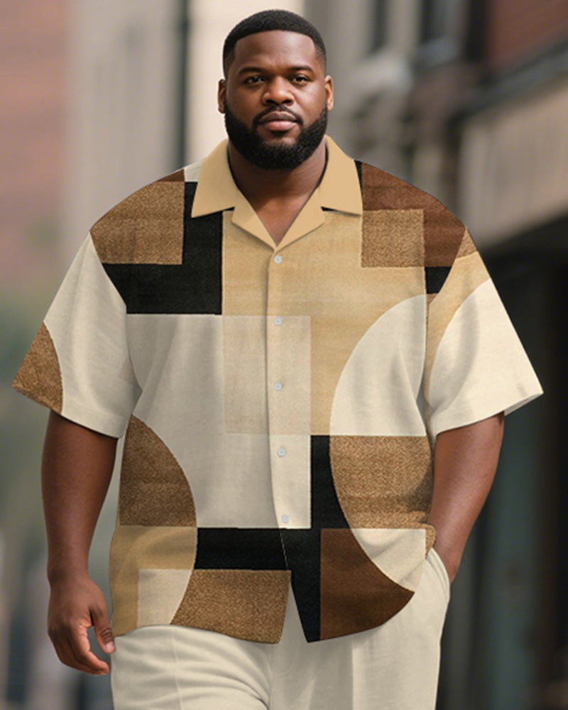Men's Plus Size Simple Khaki Brown Color Block Print Short Sleeve Shirt Trousers Suit