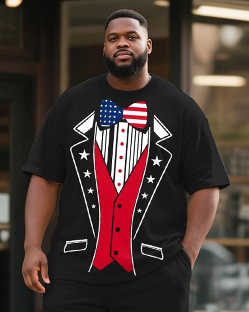 Men's Plus Size Independence Day Cosplay Suit Bow Tie USA Letter Print Round Neck Short Sleeve T-Shirt Shorts Suit