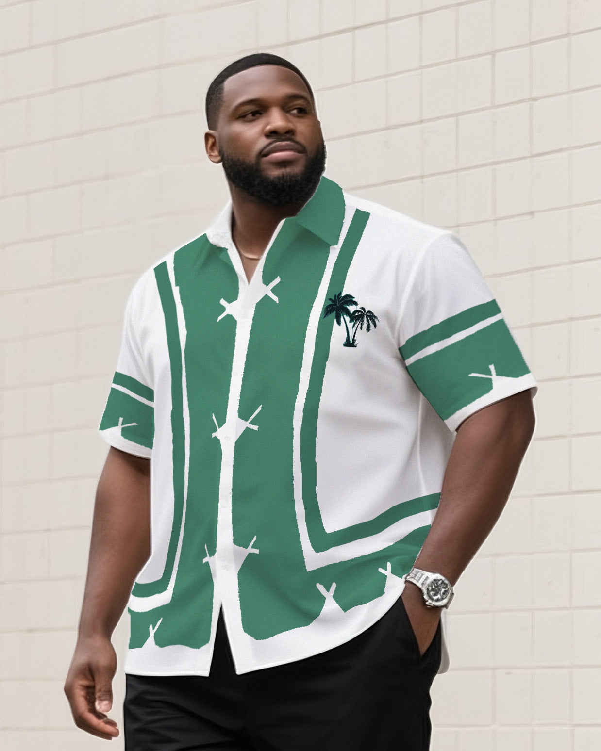 Big & Tall Men's Daily Leisure. Creative Anti-button Coconut Micro-print Shirt Shorts Suit