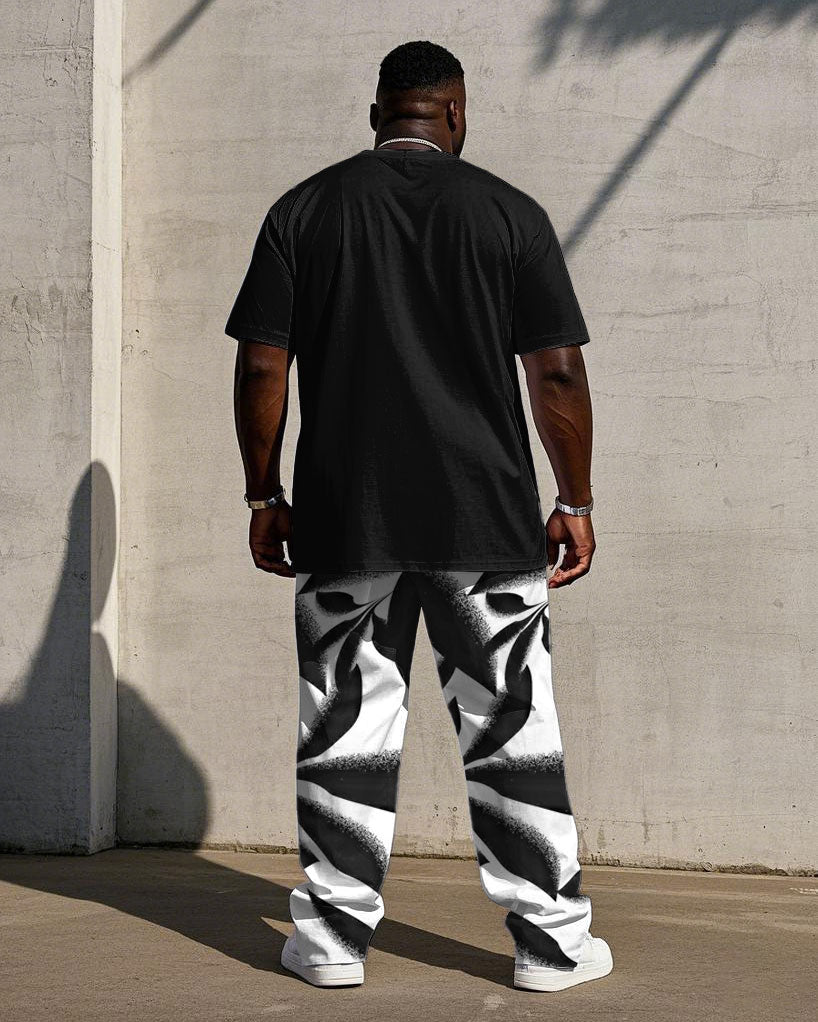 Men's Plus Size Street Fashion Silhouette Stitching Short Sleeve T-Shirt Trousers Suit