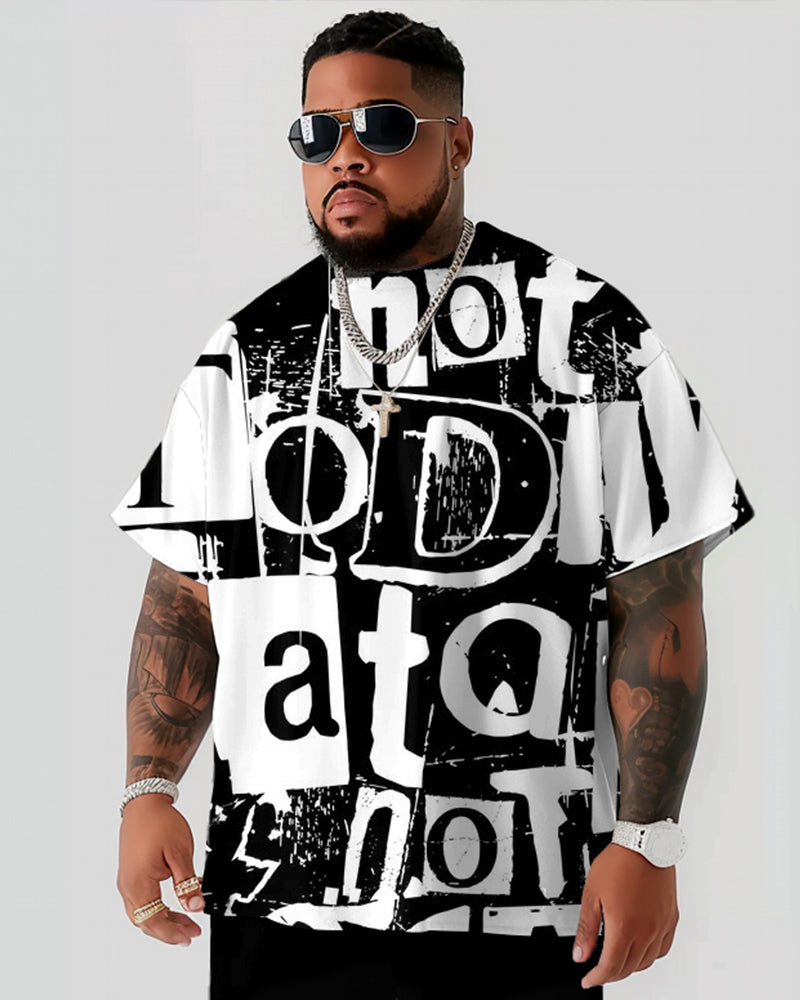 Letter Full Print T-Shirt Shorts Suit Men's Plus Size