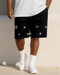 Big & Tall Men's Business Black And White Geometric Diamond Star Print Short Sleeve Polo Shirt Shorts Suit