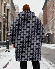 Big & Tall Men's Vintage Geometric Blue Printed Velvet Thickened Long Hooded Coat