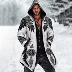 Men's Vintage White Viking Raven Rune Compass Longline Hooded Jacket