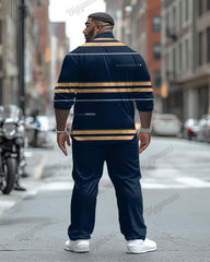 Men's Plus Size Blue Khaki Colorblock Striped Print Long Sleeve Shirt Trousers Suit