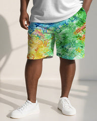 Big & Tall Men's Gradient Geometric Curved Duckling Print Crewneck Short-sleeved T-shirt Shorts Suit
