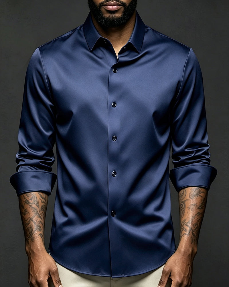 S-6XL Business Casual Solid Color Satin Shirt Non-iron