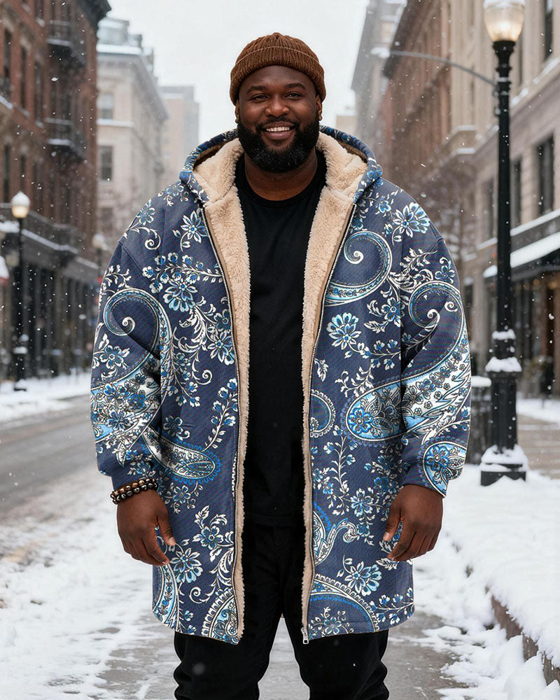 Big & Tall Men's Navy Blue And White Paisley Printed Velvet Padded Long Hooded Coat