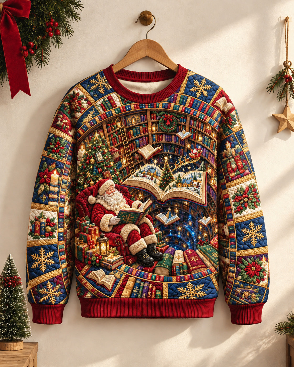 Big & Tall Men's Reading Santa Claus Quilted Sweatshirt