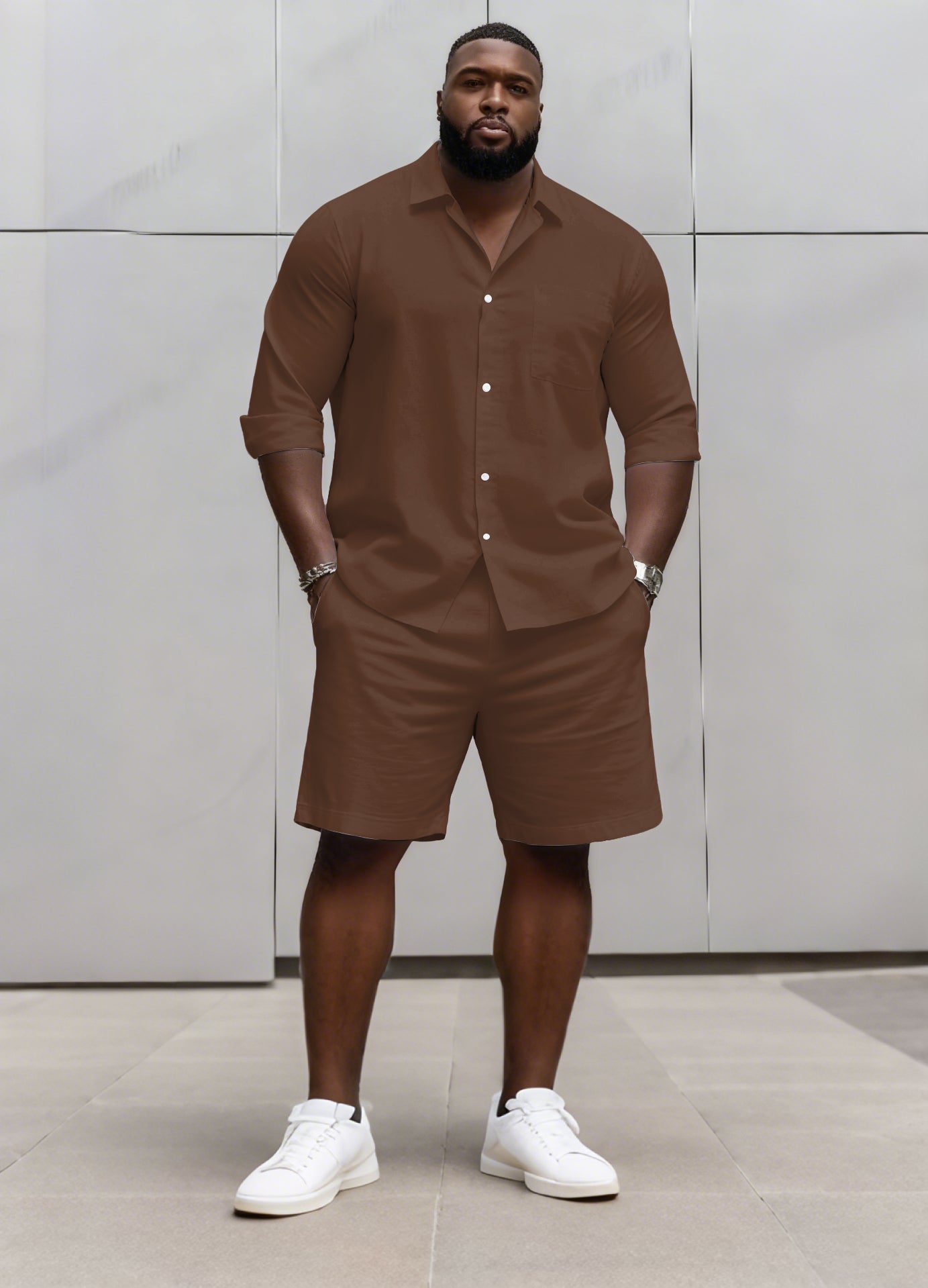 Big & Tall Men's Business Solid Color Long Sleeve Shirt Shorts Set