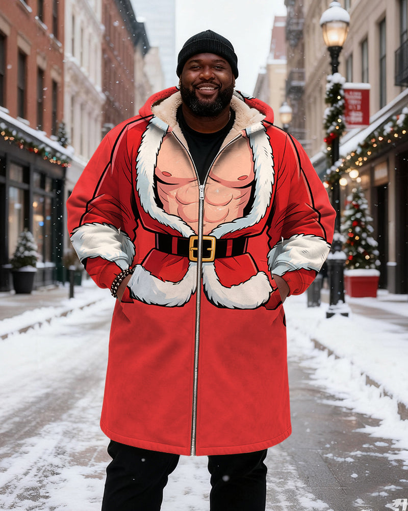 Big & Tall Men's Red Muscle Santa Claus Styling Printed Velvet Thickened Long Hooded Coat