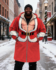 Big & Tall Men's Red Muscle Santa Claus Styling Printed Velvet Thickened Long Hooded Coat