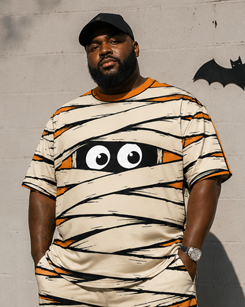 Big & Tall Men's Halloween Mummy Bandage Eye Print Round Neck Short Sleeve T-Shirt Shorts Set