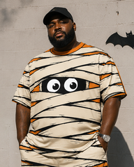 Big & Tall Men's Halloween Mummy Bandage Eye Print Round Neck Short Sleeve T-Shirt Shorts Set