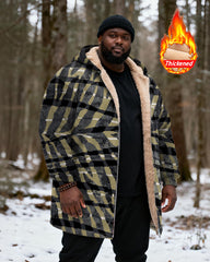 Big & Tall Men's Hunting Style Black Yellow Green Check Zebra Print Velvet Thickened Long Hooded Coat