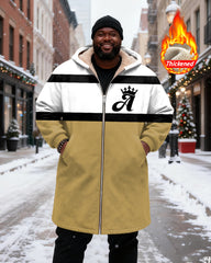 Big & Tall Men's Yellow, White And Black Bump Color With Crown Letter A Printed Velvet Padded Long Hooded Coat