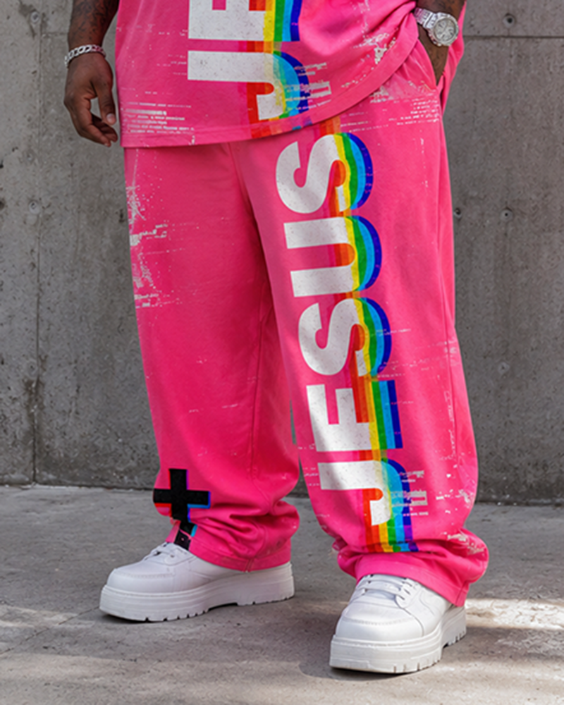 Big & Tall Men's Distressed Rainbow Stereo JESUS Letter Printed T-shirt Trousers Set